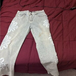 Rue21 Light Blue Flare Jeans with White Floral Design
